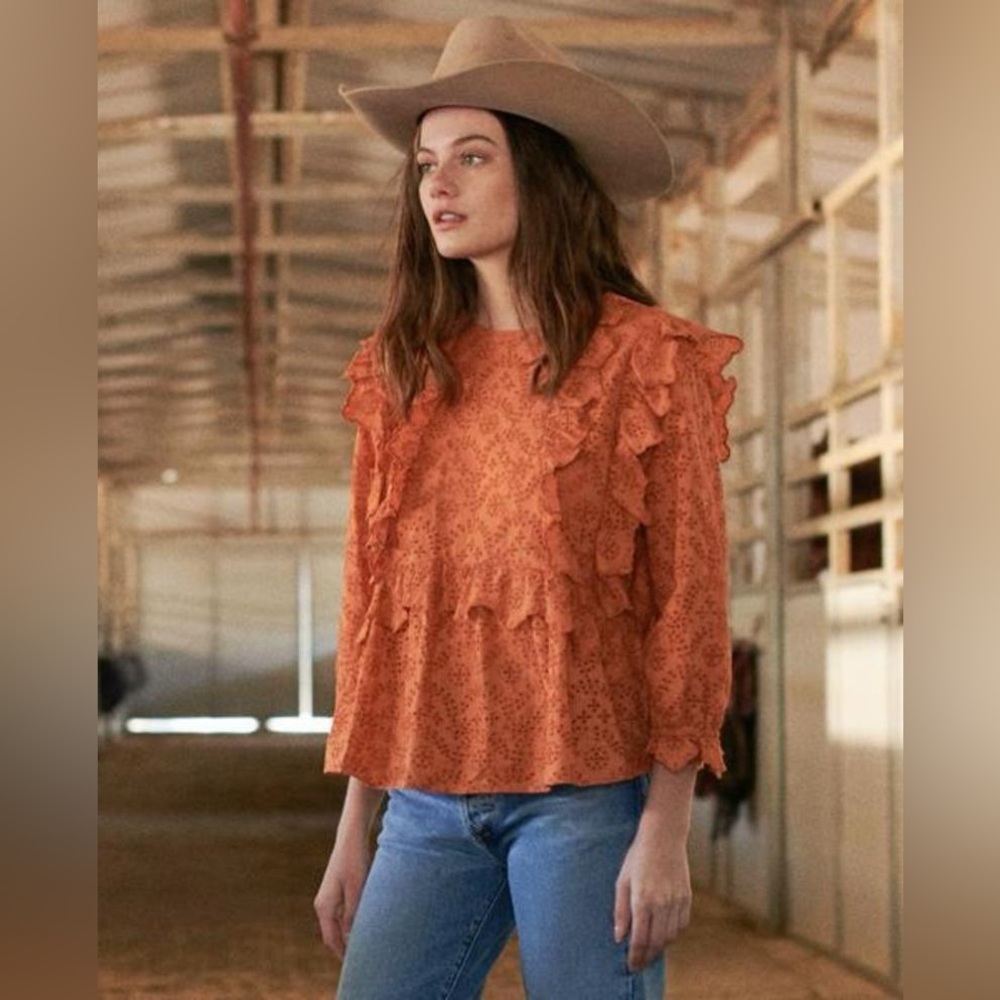 The Great. Eyelet Ruffle Flutter Top In Spice Orange Boho Blouse size 0 XS